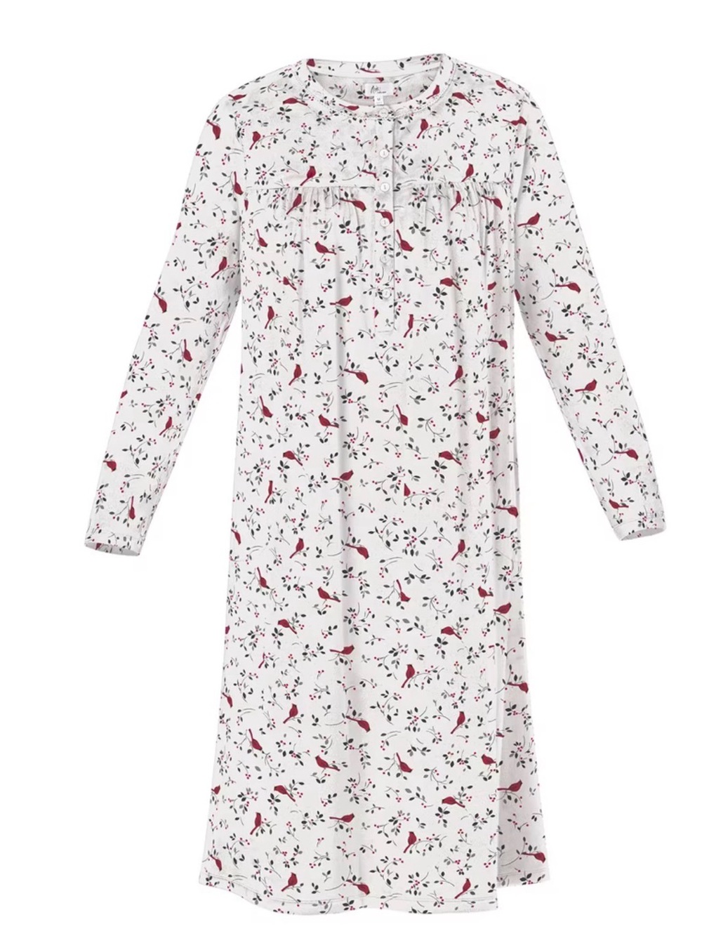 White Long-Sleeve Bird Print Nightgown